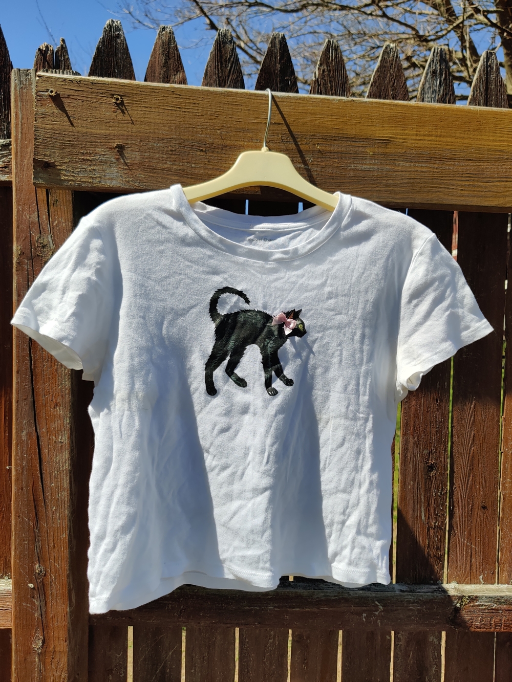 White Short-Sleeve Tee with Black Cat Embroidery